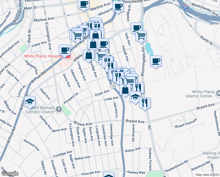 map of restaurants, bars, coffee shops, grocery stores, and more near 3 Old Mamaroneck Road in White Plains