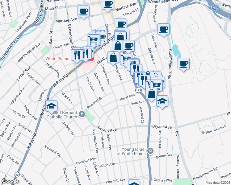 map of restaurants, bars, coffee shops, grocery stores, and more near 7 Livingston Avenue in White Plains