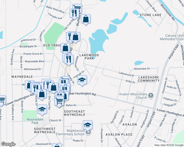 map of restaurants, bars, coffee shops, grocery stores, and more near 2105 Lakewood Drive in Fort Wayne