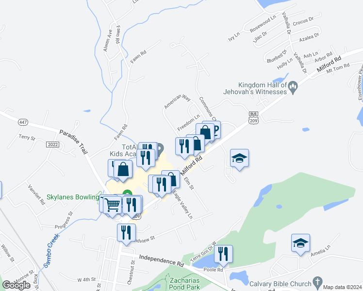 map of restaurants, bars, coffee shops, grocery stores, and more near 125 American Way in East Stroudsburg