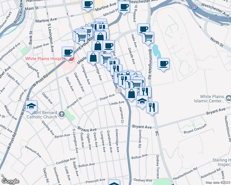 map of restaurants, bars, coffee shops, grocery stores, and more near 3 Old Mamaroneck Road in White Plains