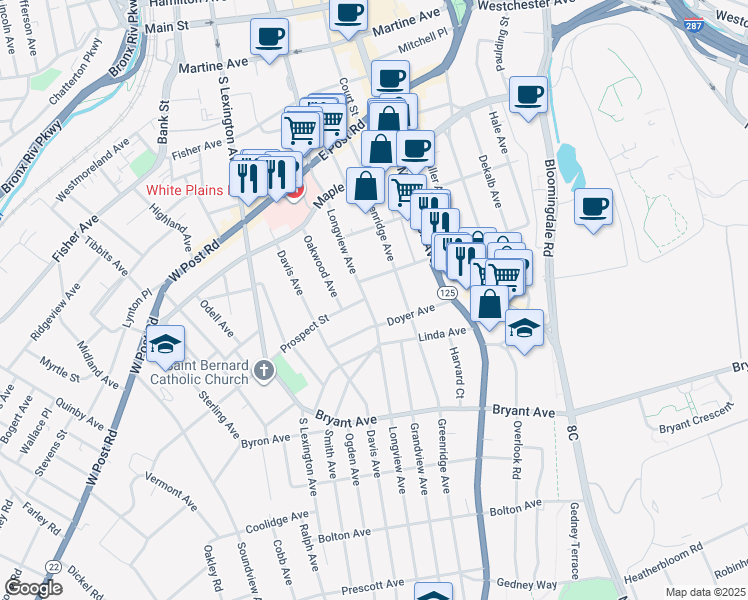 map of restaurants, bars, coffee shops, grocery stores, and more near 7 Livingston Avenue in White Plains