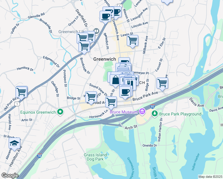 map of restaurants, bars, coffee shops, grocery stores, and more near 6 Bolling Place in Greenwich