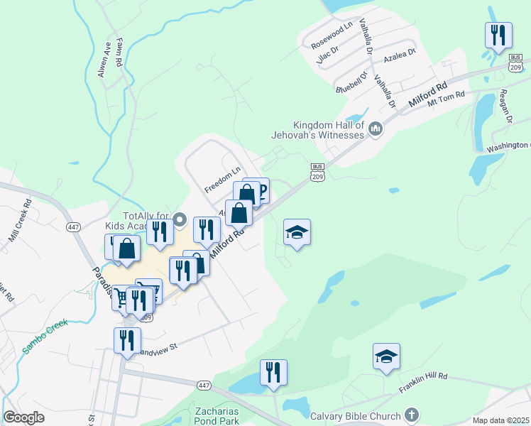 map of restaurants, bars, coffee shops, grocery stores, and more near 2000 Milford Road in East Stroudsburg