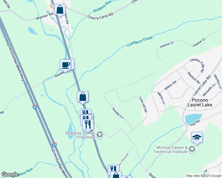 map of restaurants, bars, coffee shops, grocery stores, and more near 219 Joanne Court in Stroudsburg
