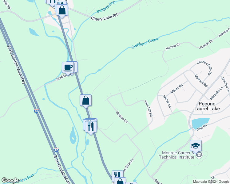 map of restaurants, bars, coffee shops, grocery stores, and more near 219 Joanne Court in Stroudsburg