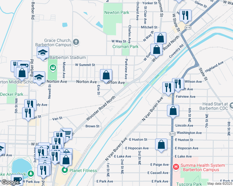 map of restaurants, bars, coffee shops, grocery stores, and more near 550 Wooster Road North in Barberton
