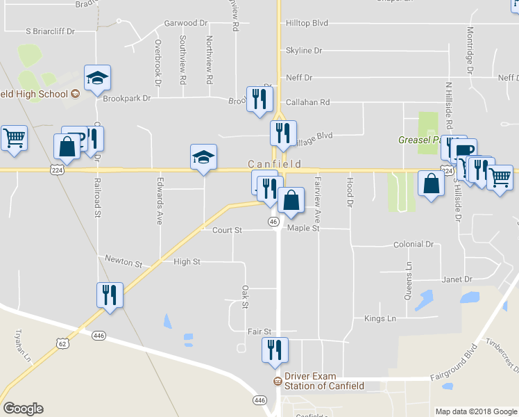 map of restaurants, bars, coffee shops, grocery stores, and more near 23 Lisbon Street in Canfield