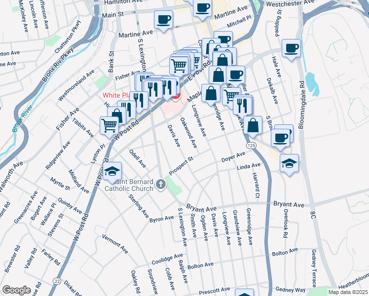 map of restaurants, bars, coffee shops, grocery stores, and more near 48 Davis Avenue in White Plains
