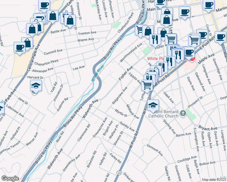 map of restaurants, bars, coffee shops, grocery stores, and more near 282 Fisher Avenue in White Plains