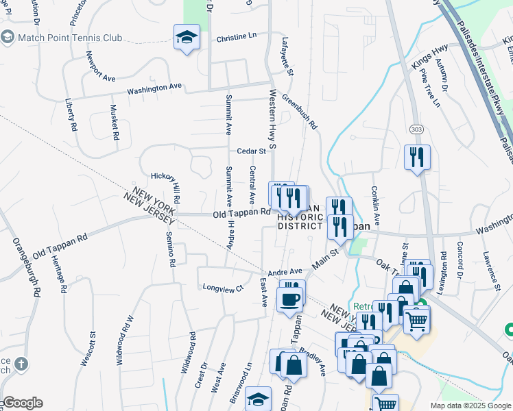 map of restaurants, bars, coffee shops, grocery stores, and more near 16 Western Highway South in Tappan