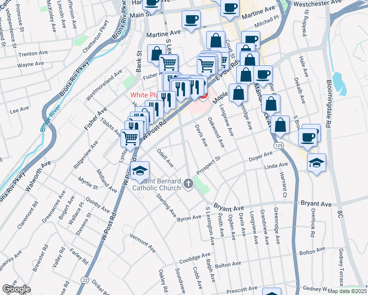 map of restaurants, bars, coffee shops, grocery stores, and more near South Lexington Avenue in White Plains