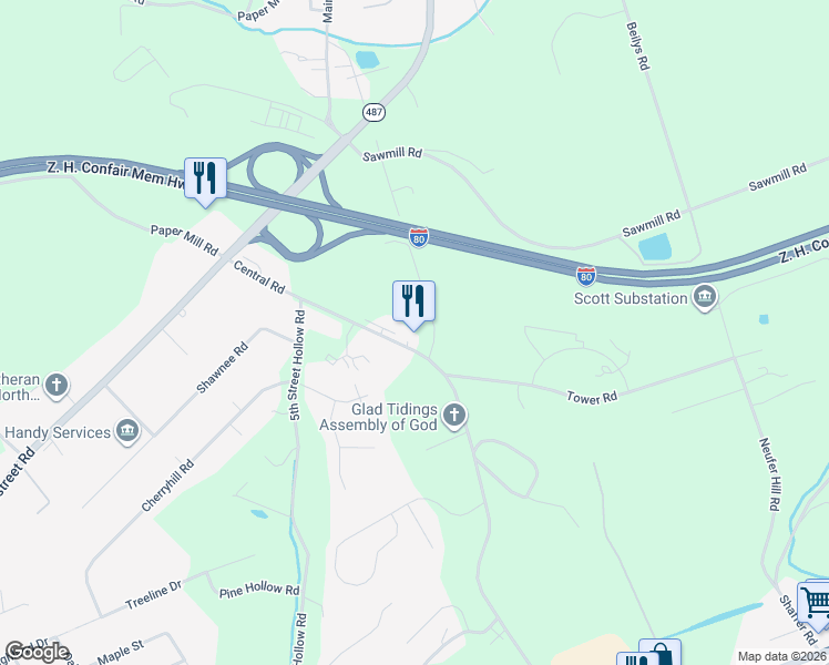 map of restaurants, bars, coffee shops, grocery stores, and more near 801 Central Road in Bloomsburg