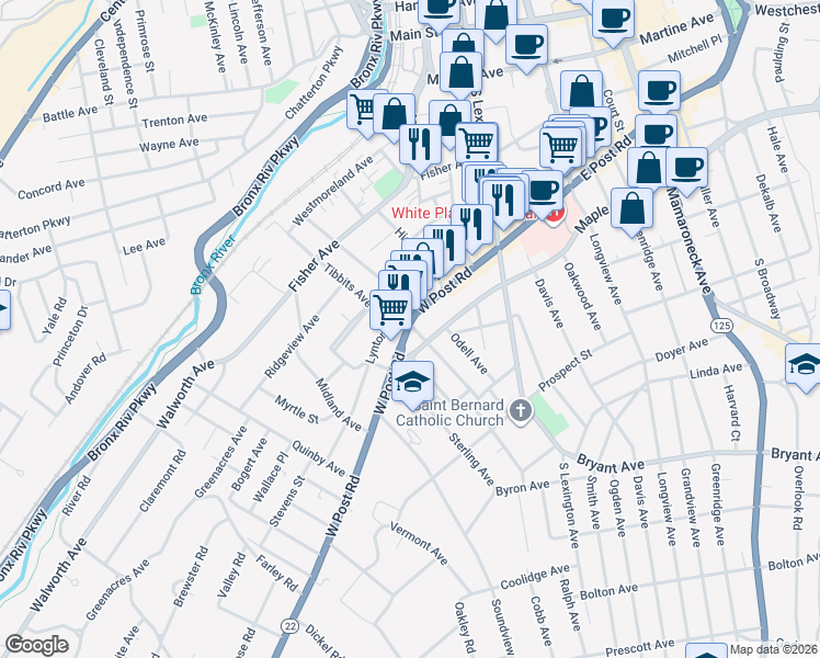 map of restaurants, bars, coffee shops, grocery stores, and more near in White Plains