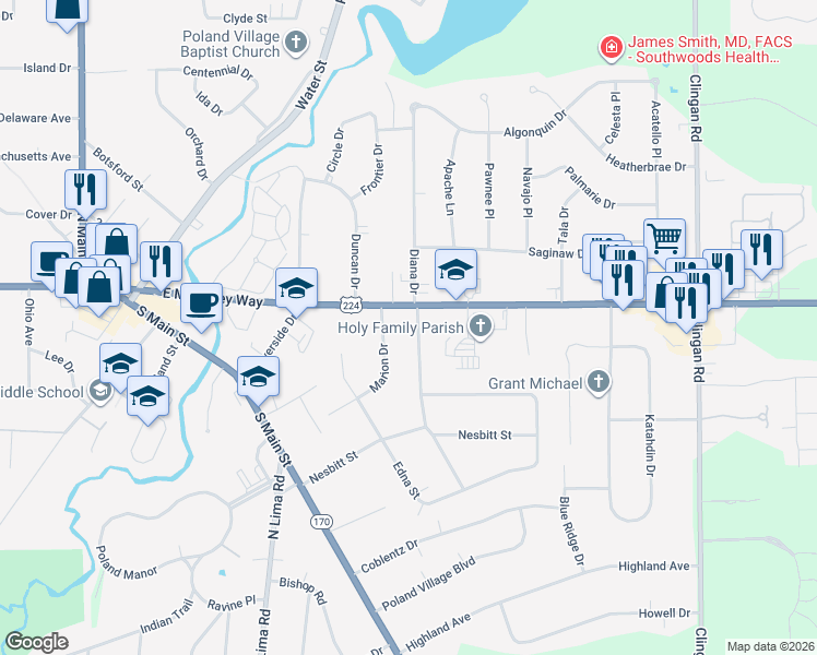 map of restaurants, bars, coffee shops, grocery stores, and more near 6510 Diana Drive in Youngstown