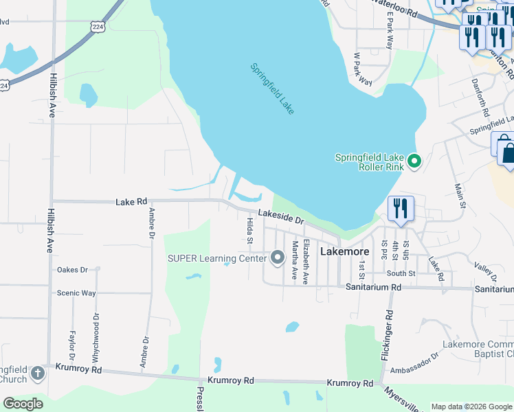 map of restaurants, bars, coffee shops, grocery stores, and more near 2393 Lakeside Drive in Lakemore
