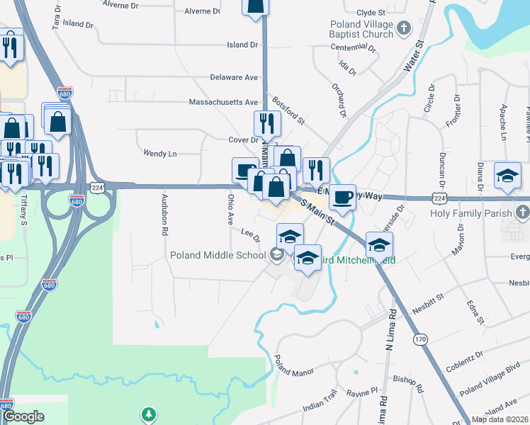 map of restaurants, bars, coffee shops, grocery stores, and more near 15 West McKinley Way in Poland