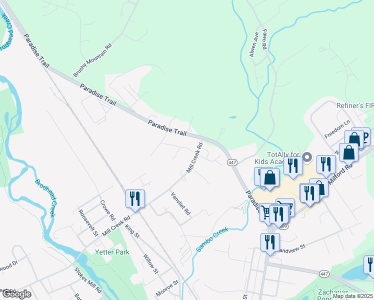 map of restaurants, bars, coffee shops, grocery stores, and more near 3 Mill Creek Road in East Stroudsburg
