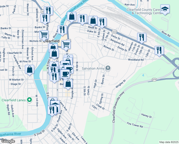 map of restaurants, bars, coffee shops, grocery stores, and more near 20 Cemetery Road in Clearfield