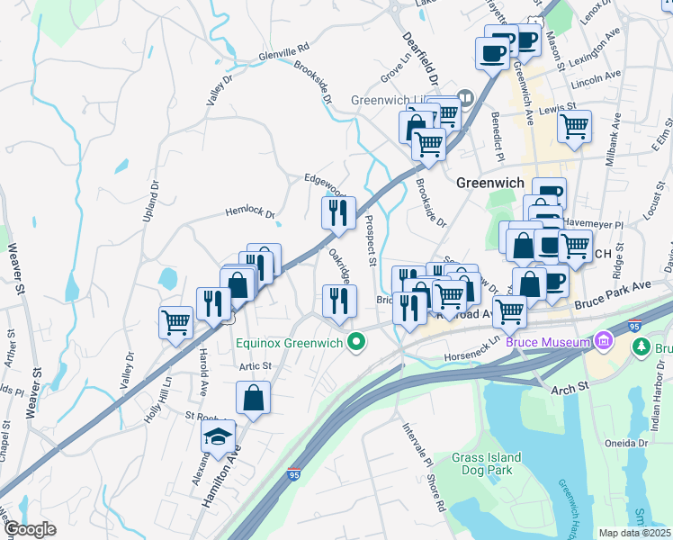 map of restaurants, bars, coffee shops, grocery stores, and more near 21 Oakridge Street in Greenwich