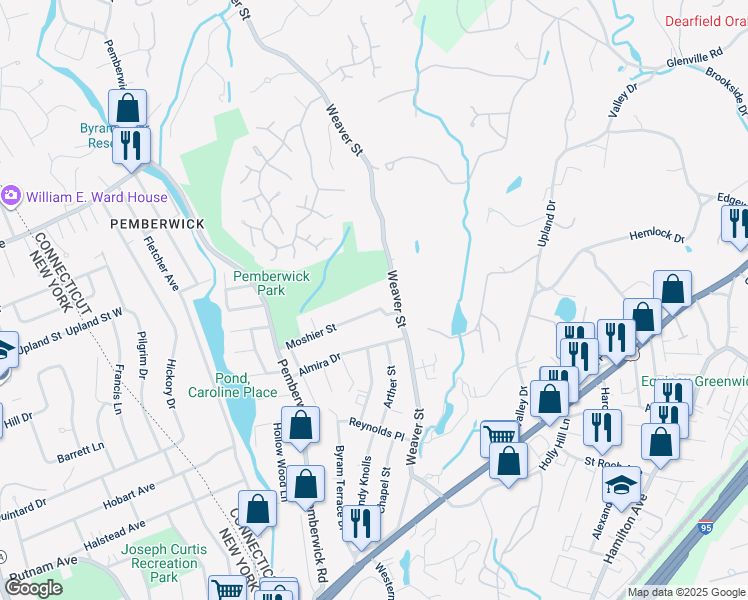 map of restaurants, bars, coffee shops, grocery stores, and more near 110 Weaver Street in Greenwich
