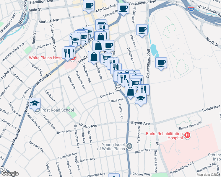 map of restaurants, bars, coffee shops, grocery stores, and more near 41 Greenridge Avenue in White Plains