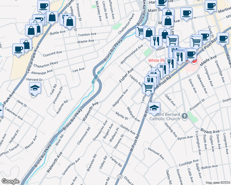 map of restaurants, bars, coffee shops, grocery stores, and more near 282 Fisher Avenue in White Plains
