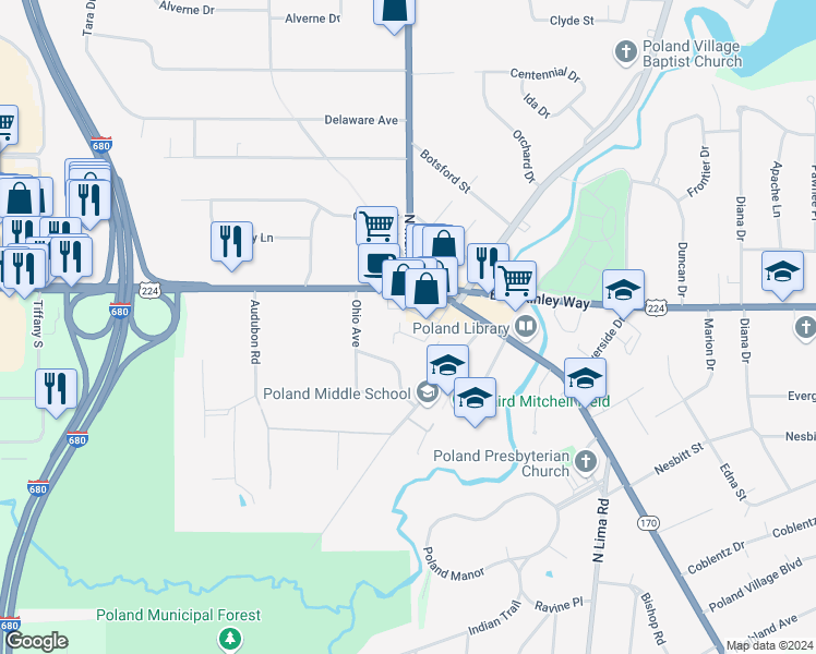 map of restaurants, bars, coffee shops, grocery stores, and more near 15 West McKinley Way in Poland