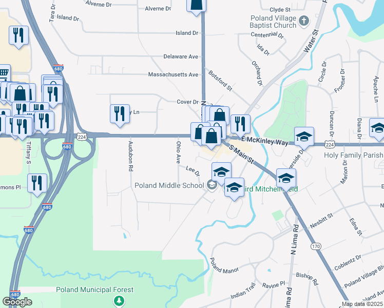 map of restaurants, bars, coffee shops, grocery stores, and more near 15 West McKinley Way in Poland