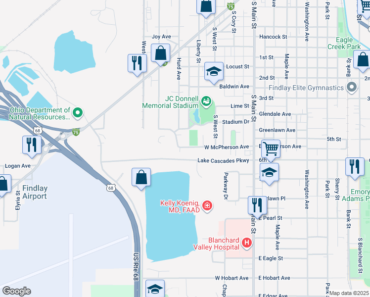 map of restaurants, bars, coffee shops, grocery stores, and more near 420 West McPherson Avenue in Findlay