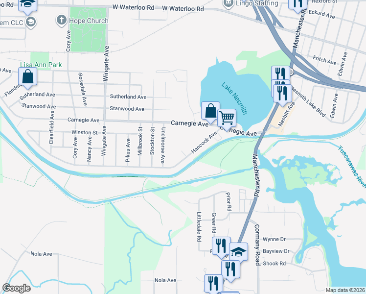 map of restaurants, bars, coffee shops, grocery stores, and more near 791 Hancock Circle in Akron
