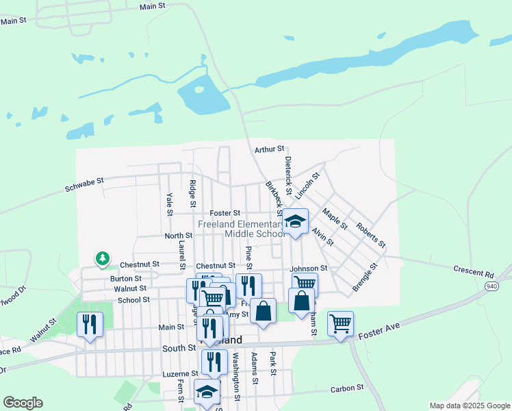 map of restaurants, bars, coffee shops, grocery stores, and more near 1108 Cunnius Street in Freeland