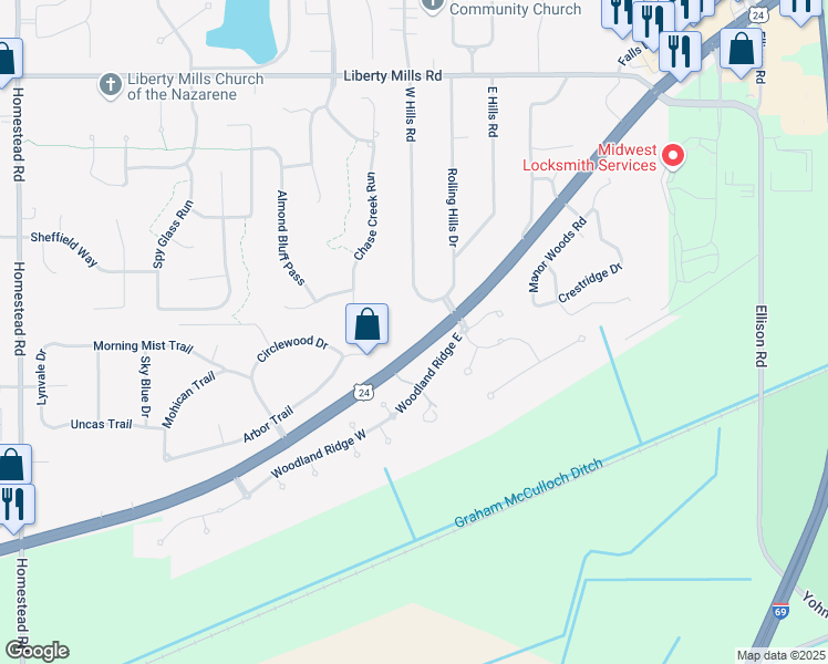 map of restaurants, bars, coffee shops, grocery stores, and more near 6520 West Hills Road in Fort Wayne