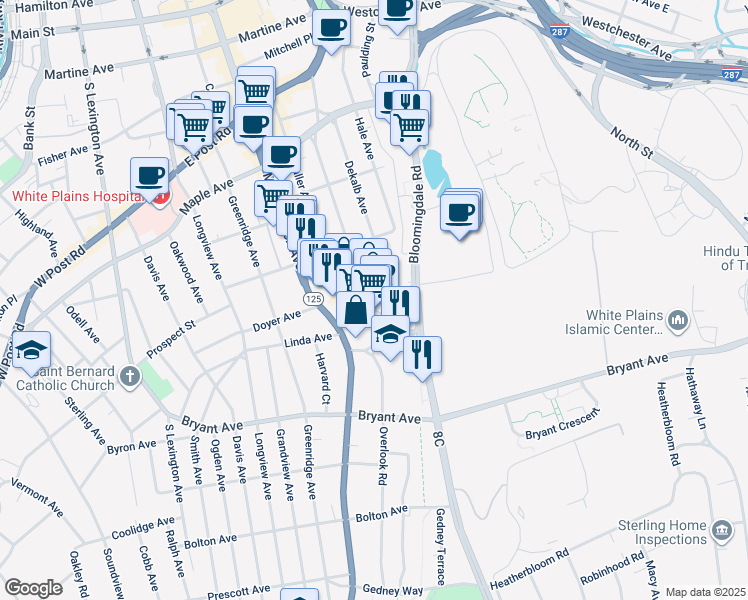 map of restaurants, bars, coffee shops, grocery stores, and more near 180 South Broadway in White Plains