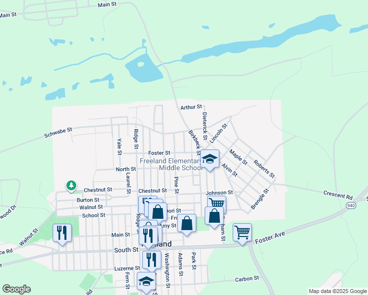 map of restaurants, bars, coffee shops, grocery stores, and more near 1108 Cunnius Street in Freeland