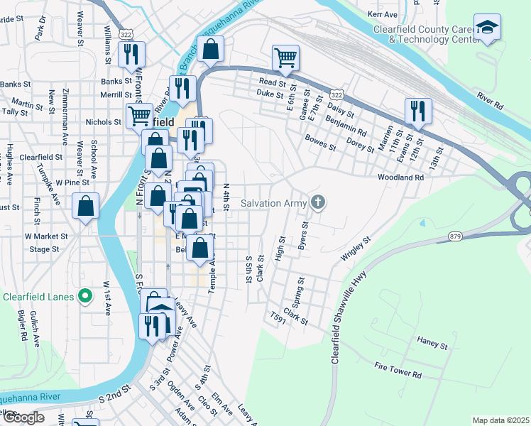 map of restaurants, bars, coffee shops, grocery stores, and more near 20 Cemetery Road in Clearfield