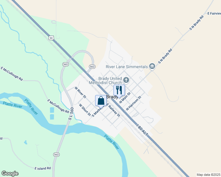 map of restaurants, bars, coffee shops, grocery stores, and more near 100-198 North Locust Street in Brady