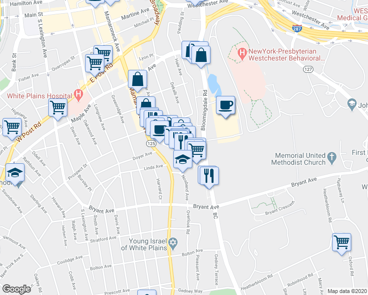 map of restaurants, bars, coffee shops, grocery stores, and more near 172 South Broadway in White Plains