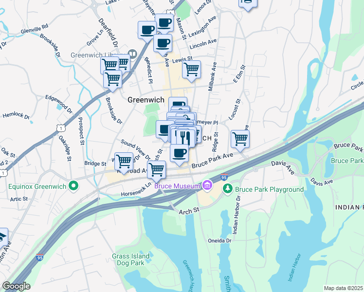map of restaurants, bars, coffee shops, grocery stores, and more near 420 Greenwich Avenue in Greenwich