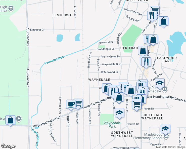 map of restaurants, bars, coffee shops, grocery stores, and more near 3009 Witchwood Drive in Fort Wayne