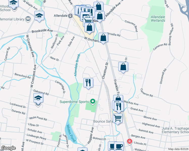 map of restaurants, bars, coffee shops, grocery stores, and more near 601 Whitney Lane in Allendale