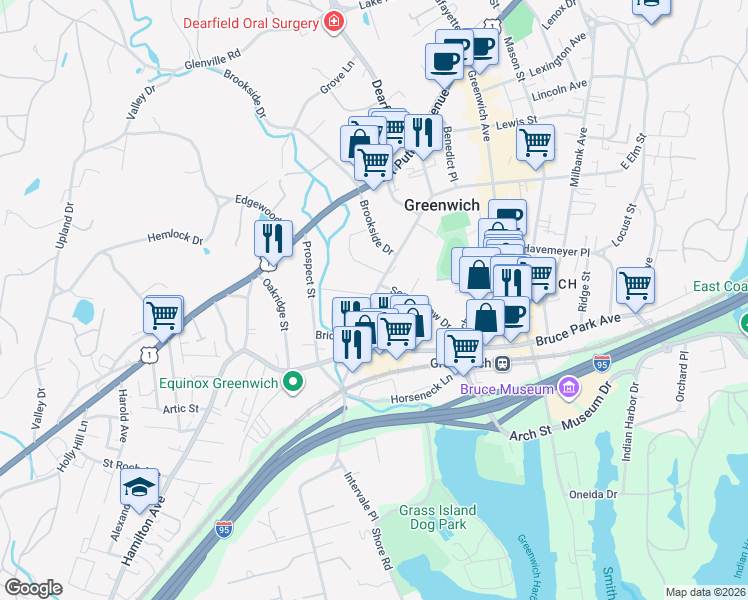 map of restaurants, bars, coffee shops, grocery stores, and more near 2 Idar Court in Greenwich