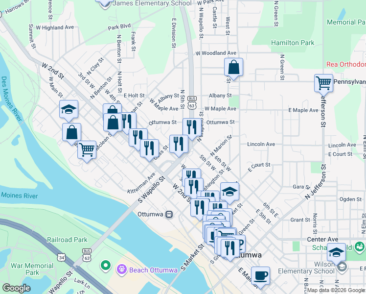 map of restaurants, bars, coffee shops, grocery stores, and more near 371 North Wapello Street in Ottumwa
