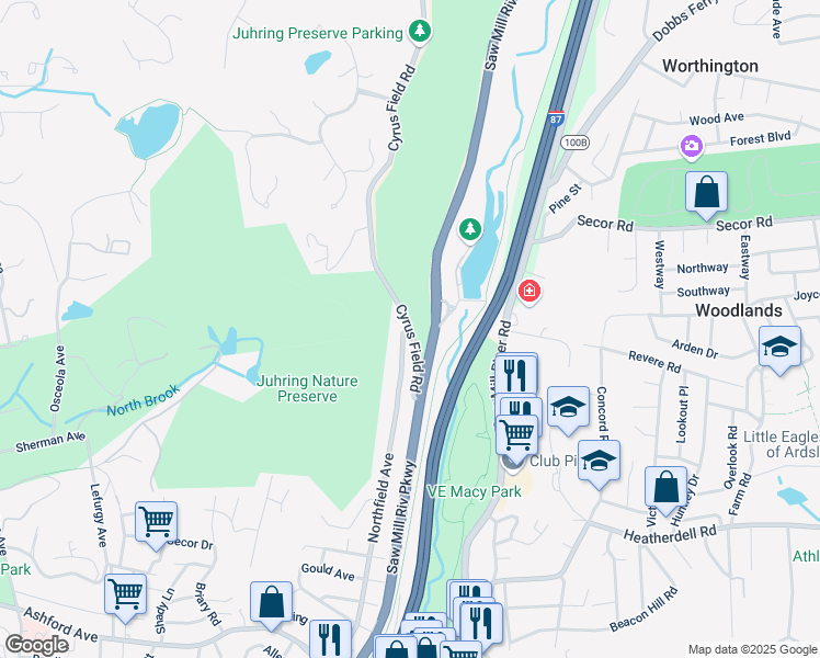 map of restaurants, bars, coffee shops, grocery stores, and more near 1 Cyrus Field Road in Irvington