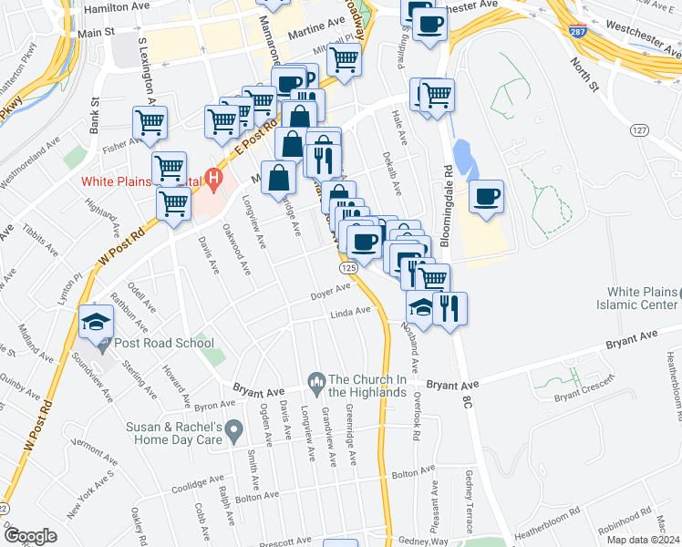 map of restaurants, bars, coffee shops, grocery stores, and more near 3 Old Mamaroneck Road in White Plains