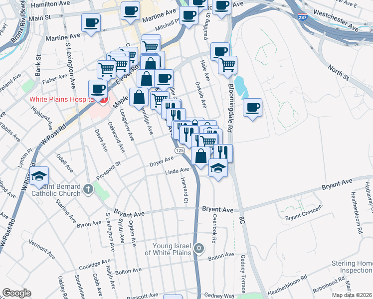 map of restaurants, bars, coffee shops, grocery stores, and more near 5 Old Mamaroneck Road in White Plains