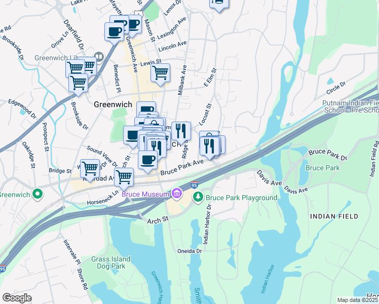 map of restaurants, bars, coffee shops, grocery stores, and more near 31 Ridge Street in Greenwich