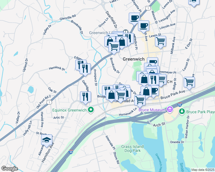 map of restaurants, bars, coffee shops, grocery stores, and more near 11 Idar Court in Greenwich