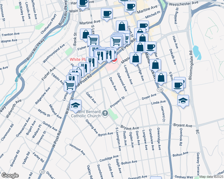 map of restaurants, bars, coffee shops, grocery stores, and more near 41 Davis Avenue in White Plains