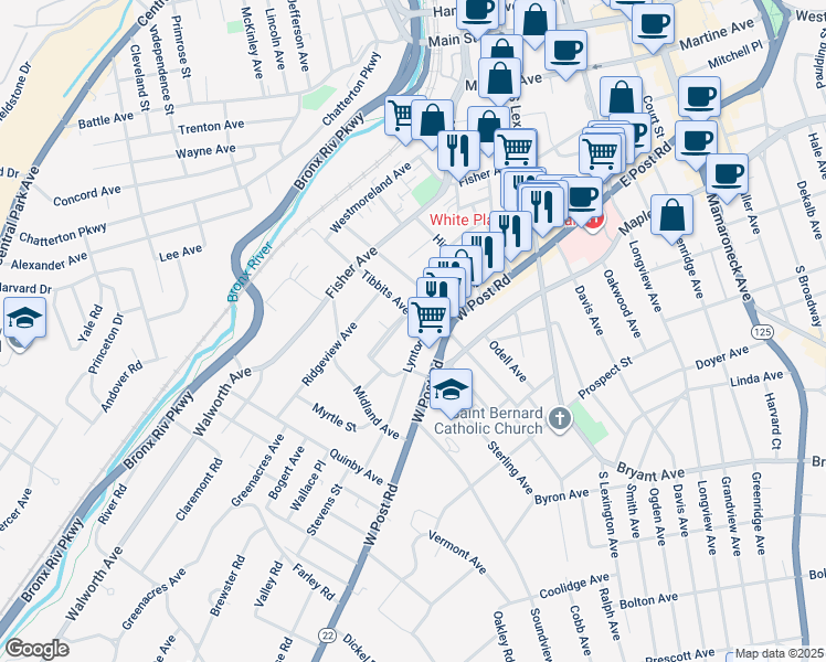 map of restaurants, bars, coffee shops, grocery stores, and more near 1 Orchard Parkway in White Plains